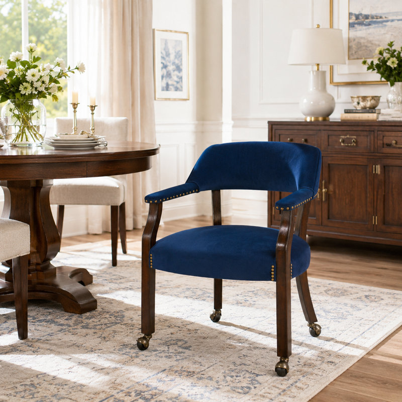 Fabric Dining Chairs With Arms And Casters, Blue, 1