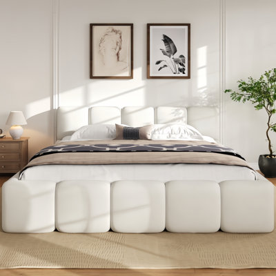 California King Size Platform Bed with White Boucle Headboard & Footboard, Upholstered Modern Bed Frame, Solid Wood Base, Quiet Slat Support System