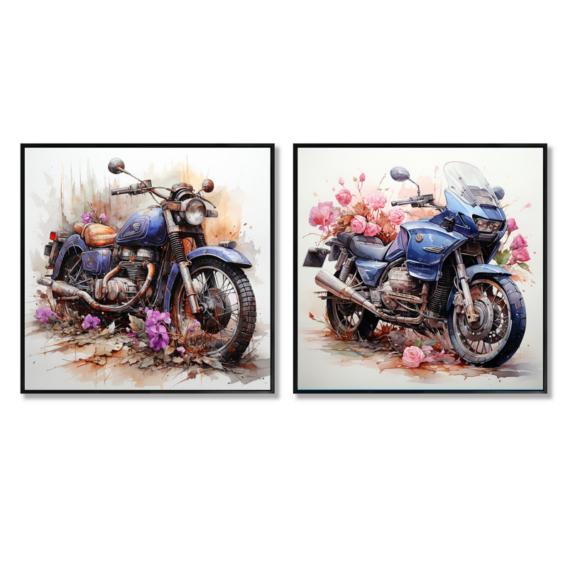 Aquarelle, chemin de fleurs de motocyclettes - ensemble de 2 collages carrés de motocyclettes, Cadre flottant noir