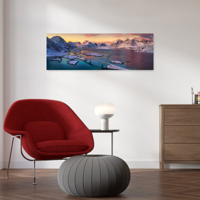 Snowy Fjord Coastal Bridge Colorful Dramatic Serene Coastal Landscape Wall Art