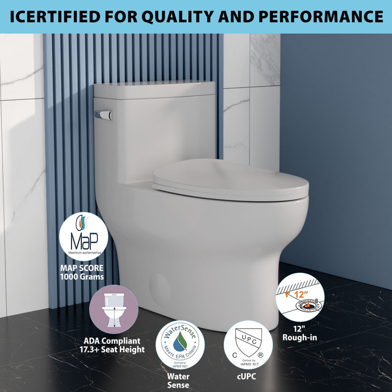 Toilette allongée une pièce Kichae, chasse haute efficacité 1,28 GPF, siège à fermeture en douceur, entièrement jupe, toilette standard certifiée CEC & DOE pour la salle de bain