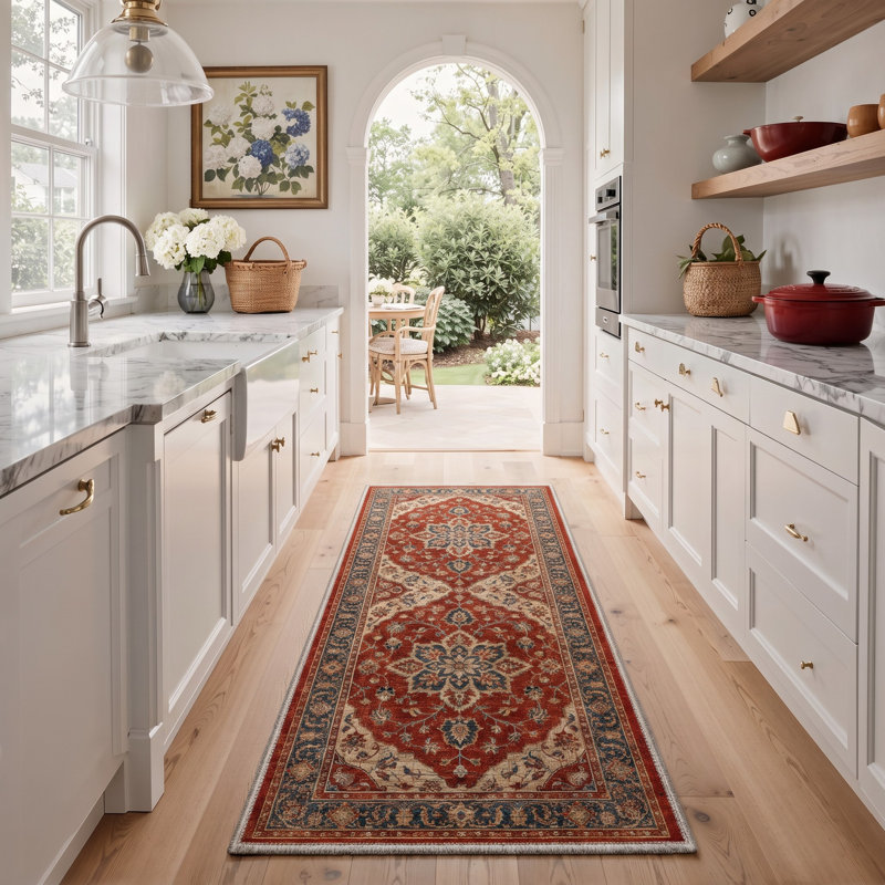 Tapis de couloir oriental rouge / beige lavable à la machine avec envers antidérapant, Tapis de couloir 2 pi x 6 pi