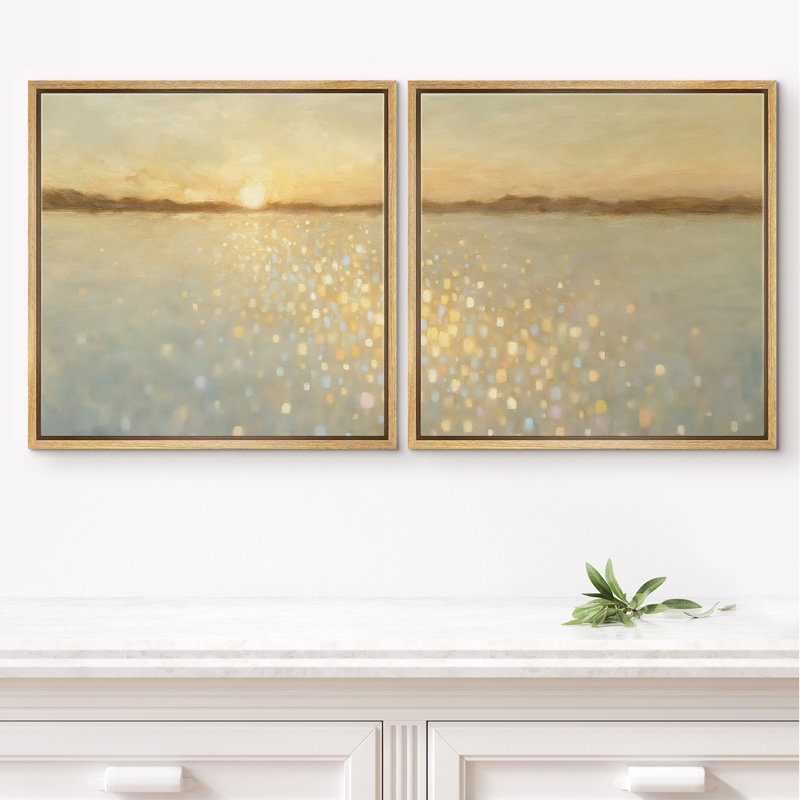 Coucher de soleil doré au-dessus de l'eau, horizon, étincelle, réflexion, bord de mer, calme, chambre à coucher encadrée, œuvre d'art 2 pièces