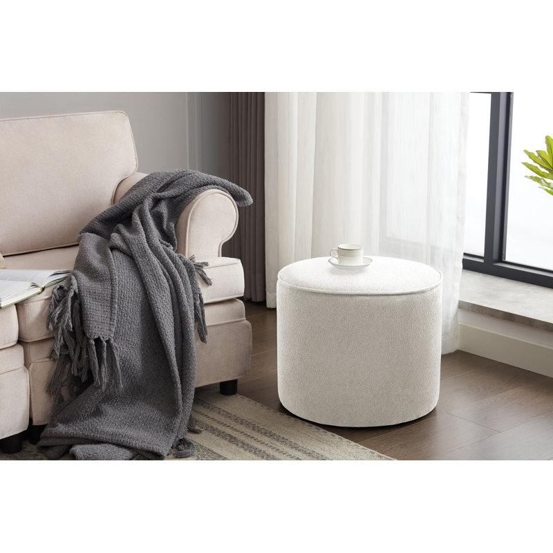 Amarjot Bouclé Fabric Round Ottoman, White Polyester Blend