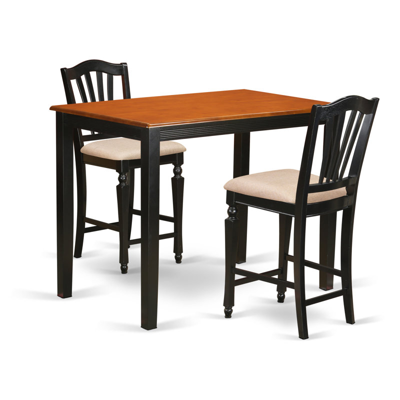 Ensemble de table de salle à manger à hauteur de comptoir 3 pièces comprenant une table de salle à manger rectangulaire et 2 chaises en tissu de lin, noir et cerise