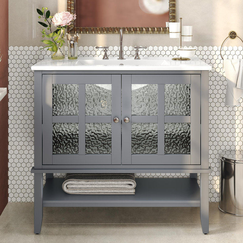 Meuble-lavabo 36 po avec lavabo en céramique, Gris
