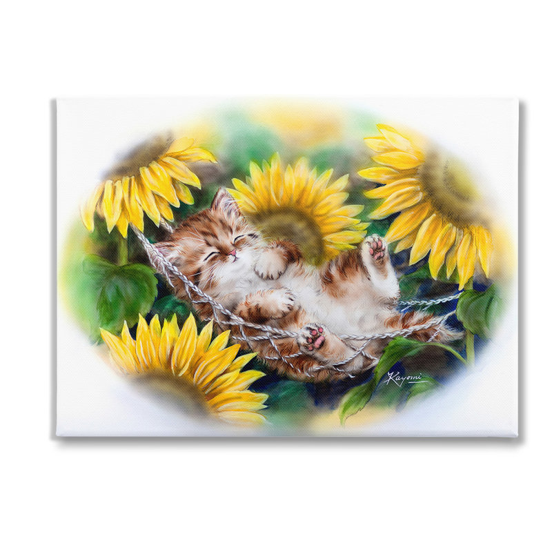 "Chaton endormi avec des tournesols" par Kayomi Harai sur toile, H 30 po x l 40 po