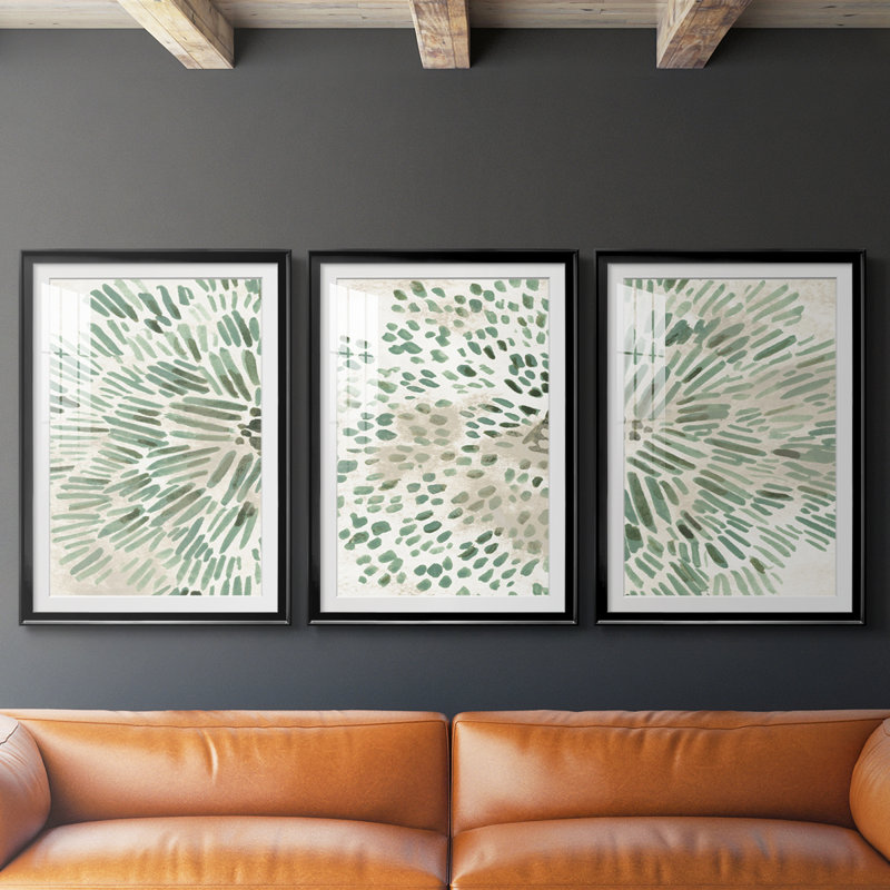 Têtes de fleurs vertes I - reproduction sur mesure encadrée de qualité supérieure - 3 pièces, H 39 po x l 81 po, Noir