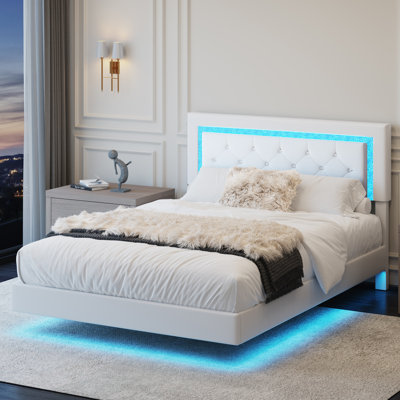 Cadre de lit double avec tête de lit, cadre de lit flottant avec lumières DEL