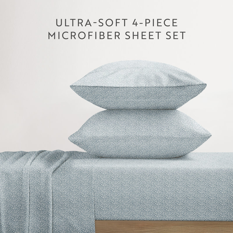 4 Piece Delicate Details Pattern Sheet Set, Cal.King Sheet Set with 2 King Pillowcase, Sky Blue Floral