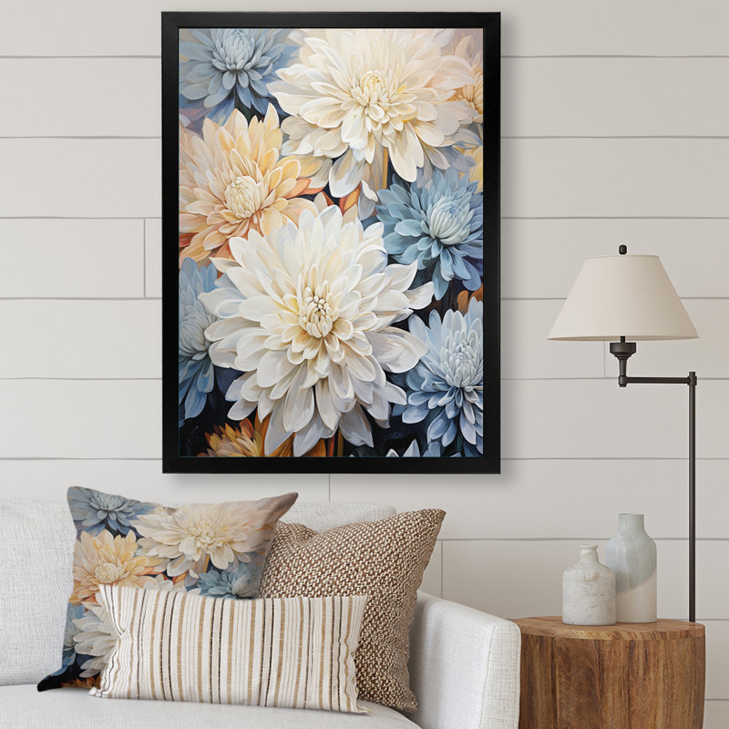 «White and Blue Mums Fragrant Elegance I», reproduction sur toile, Cadre simple noir, H 32 po x l 16 po x P 1 po