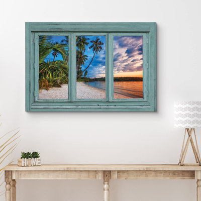 «Window View Palm Tree Paradise & Beach Sunset Nature Modern Art Rustic Scenic Ultra» sur toile