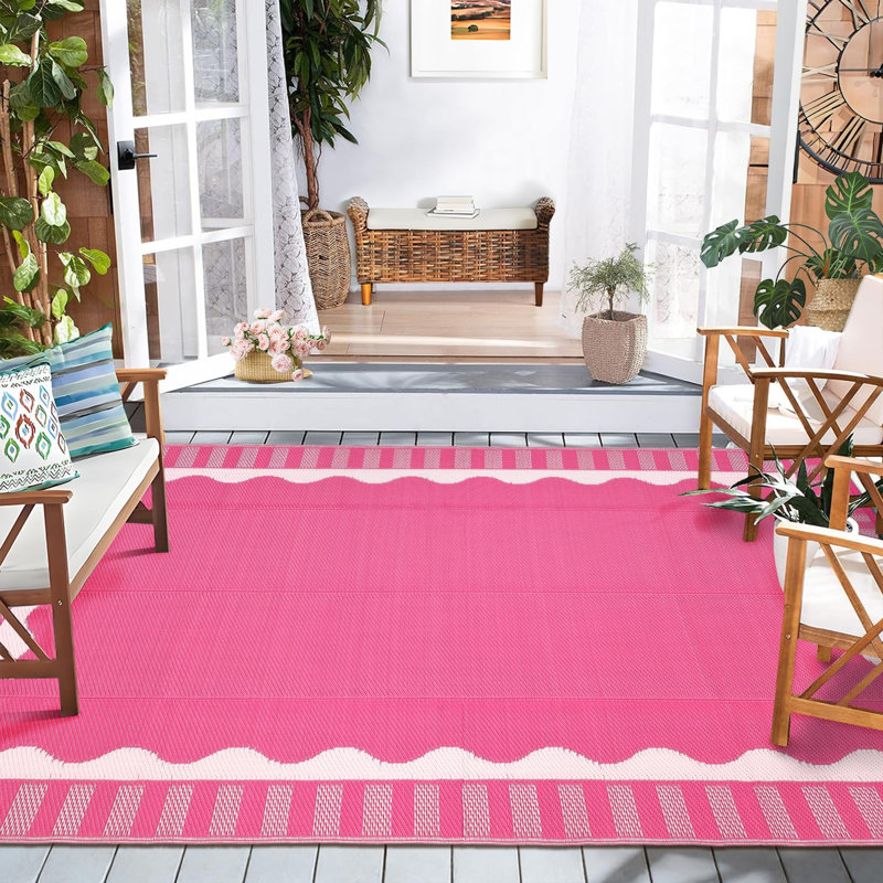 Scalloped RV Rugs for Outside 9x18 Patio Rugs Outdoor Waterproof, Modern Border Reversible Rug with Rubber Particles Backing, Plastic Straw Carpet for Picnic, Backyard, Porch, Beach, Hot Pink
