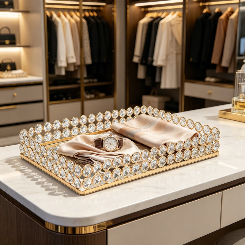 Metal Crystal Mirror Tray - Elegant Multi-Functional Display And Organizer For Vanity, Jewelry, Desserts, And Home Decor Centerpieces