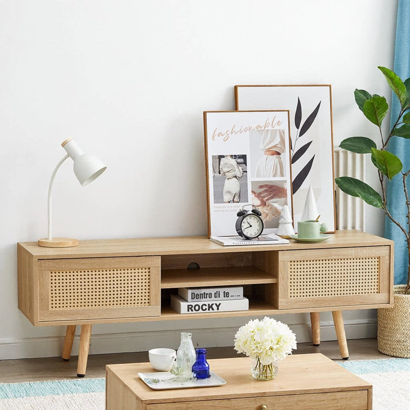 Meuble télé 55 po en rotin blanc, portes coulissantes doubles, tablette réglable, pieds en bois massif, capuchon de 220 lb, salon