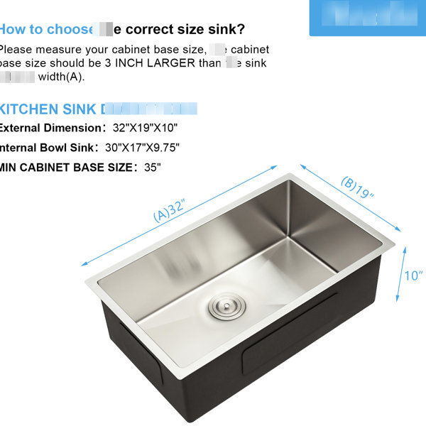 hanni 16 Gauge Undermount Kitchen Sink, 32 Inch, Single Bowl, T304 ...