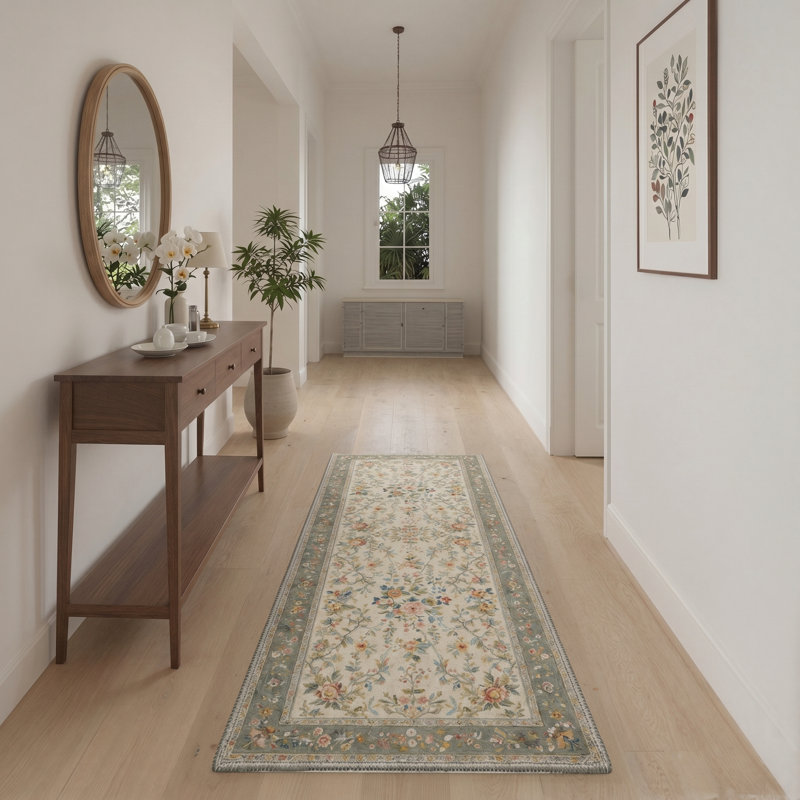 Tapis d'intérieur vert / beige lavable à la machine avec revers antidérapant Verdante, Runner 84 " x 24 "