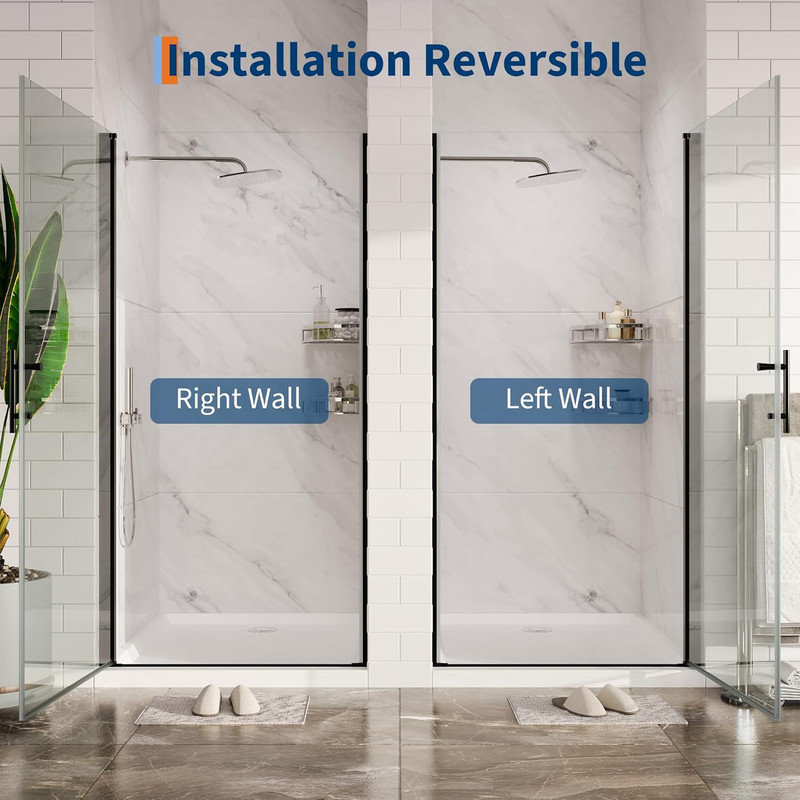 72" x 34" Frameless Pivot Shower Door, 6mm Clear Tempered Glass with Stainless Steel Handle, Easy to Clean, Black