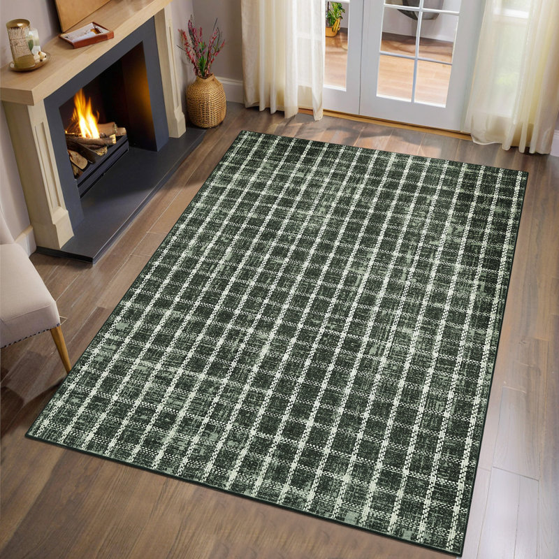 Machine Washable Rug Modern Plaid Rug Soft Area Rug Non Slip Soft Thin Rug Low Pile Foldable Rug for Living Room, Bedroom, Dining Room