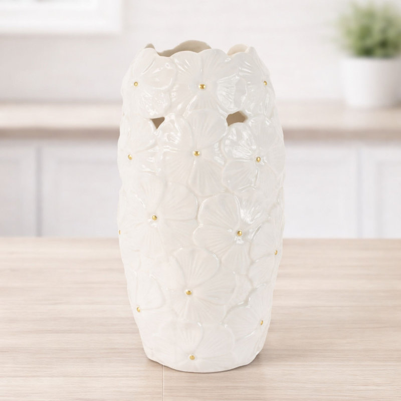 White Floral Embossed Ceramic Vase (Set of 2), 8.6"