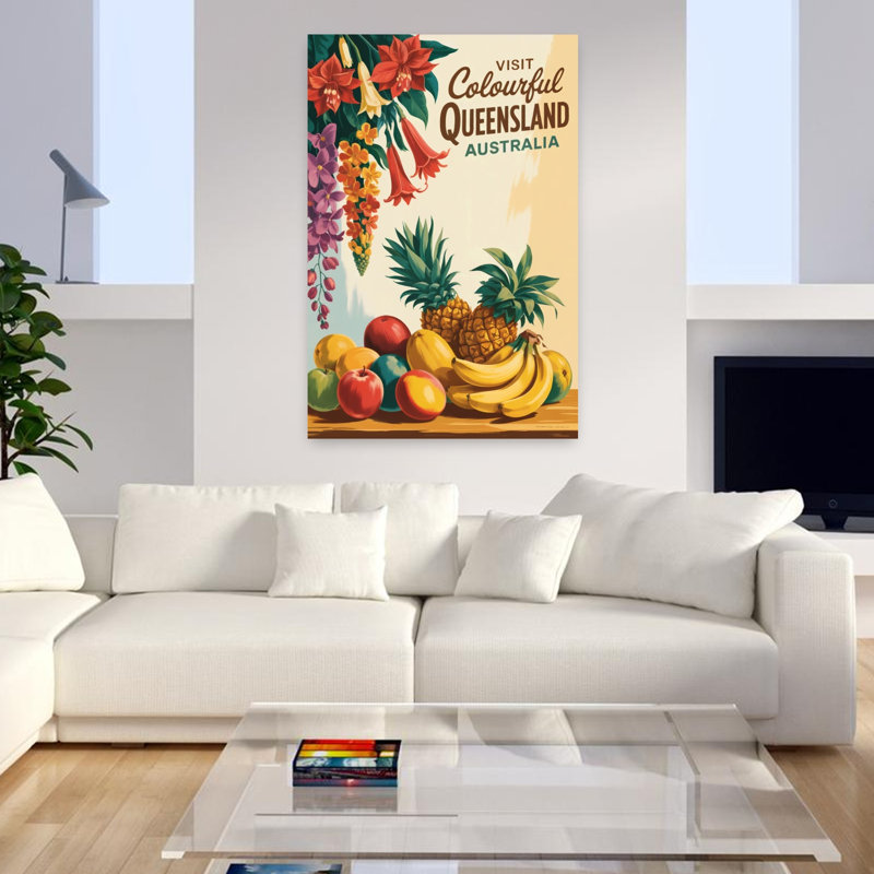 «Queensland Tropical Fruit and Flowers Colorful Retro Vibrant Fruit Summer», art mural, H 48 po x l 32 po