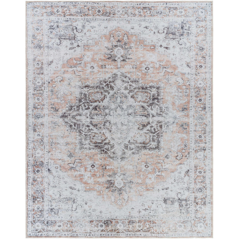 Glendale Heights Machine Washable Oriental Beige/Charcoal Area Rug, Rectangle 8'10" x 12'