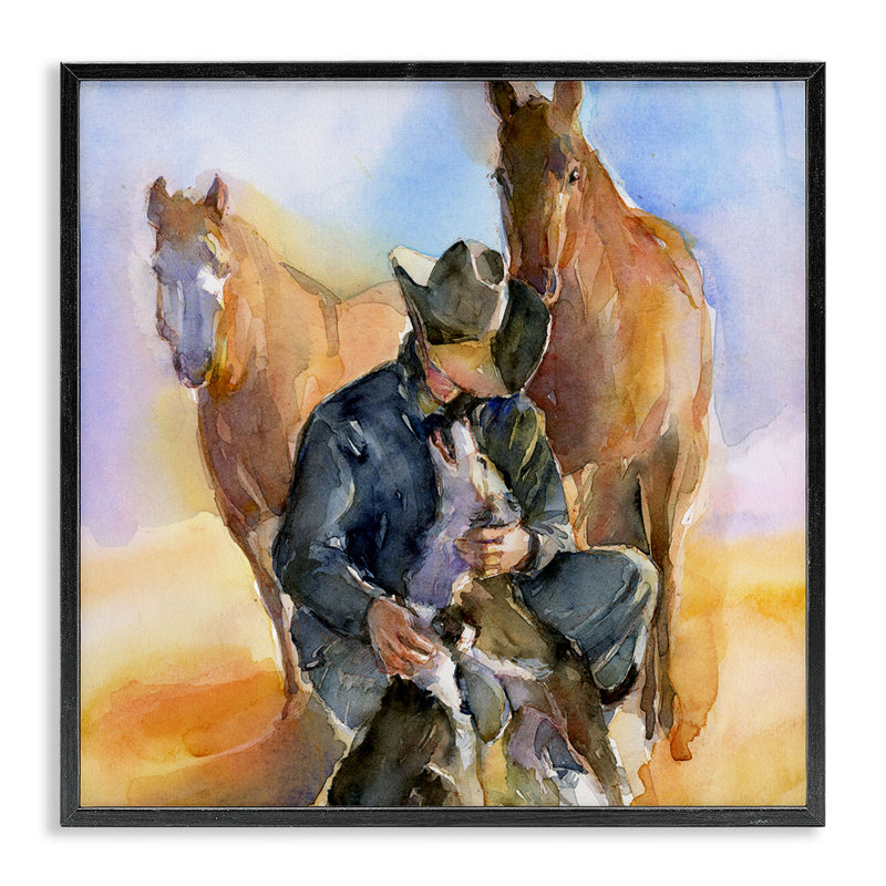 "Cowboy & Animals Watercolor" par John Keeling, reproduction d'art sur toile, Cadre noir, H 17 po x l 17 po