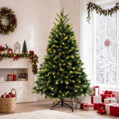6 Ft Pre-Lit Full Realistic Green Artificial Christmas Tree with 300 Warm White LED Lights