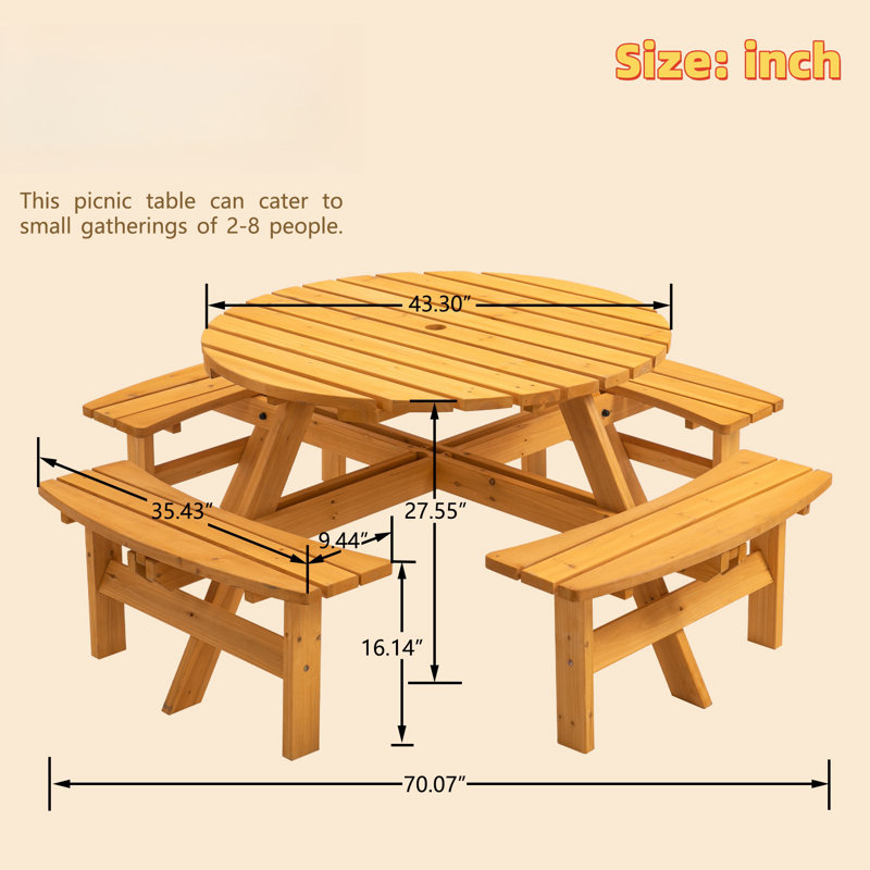 8-Person Wooden Picnic Table With 4 Built-In Benches, Yellow