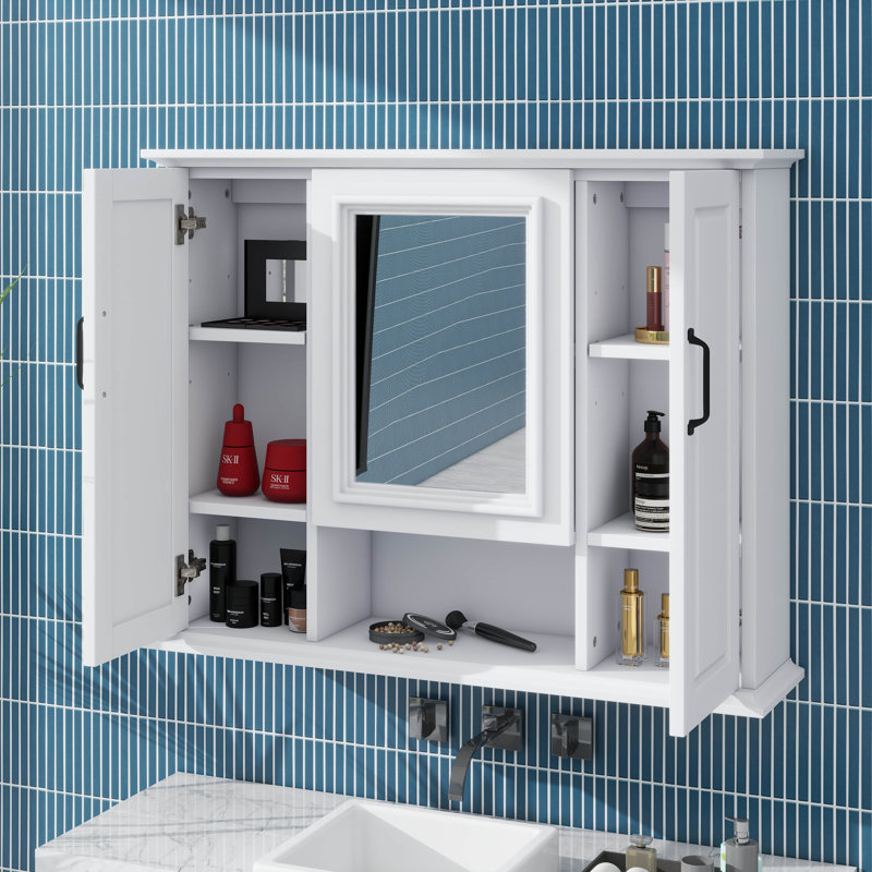 Armoire à pharmacie moderne avec miroir de salle de bain 36 po, fixée au mur avec 3 portes, sans meuble-lavabo, Blanc