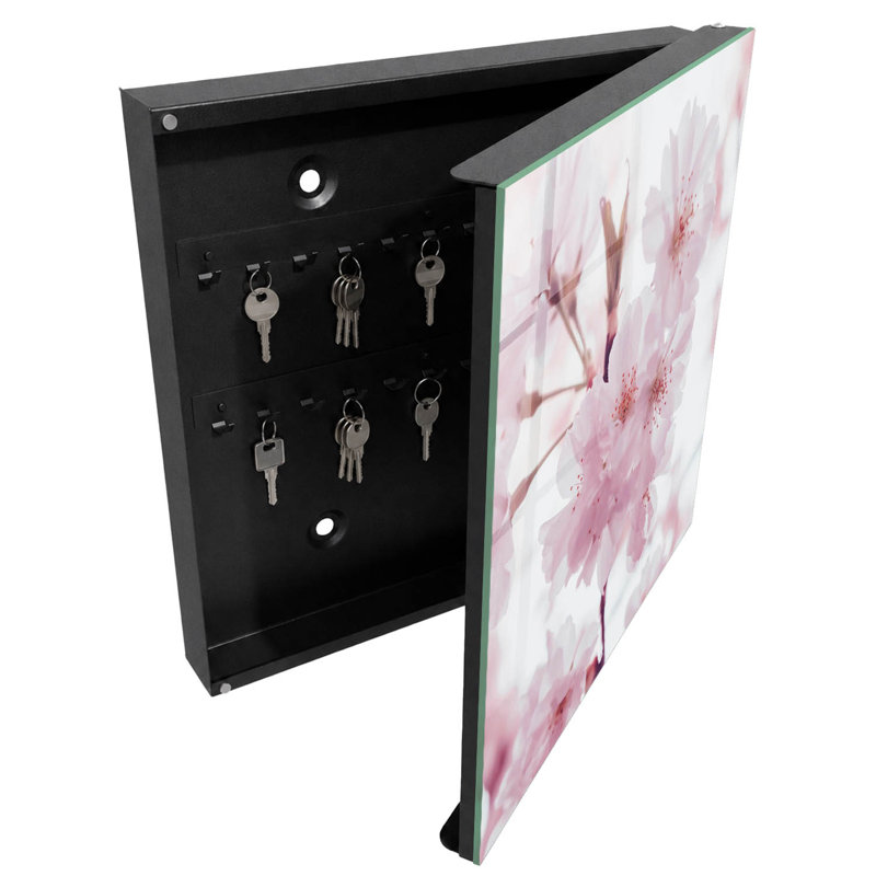 Key cabinet for wall, Opens to the right, 30x30x5, Black, Delicate pink flowers full of harmony, 