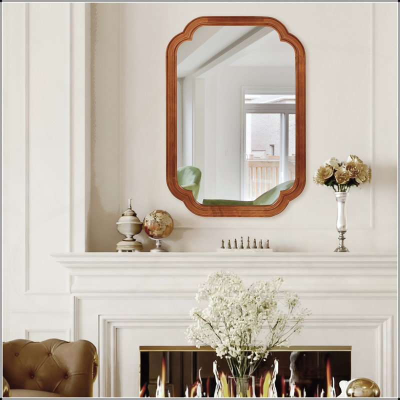20" x 30" Solid Wood Frame Rounded Corner Decorative Mirror, 30" x 20", Yellow Brown
