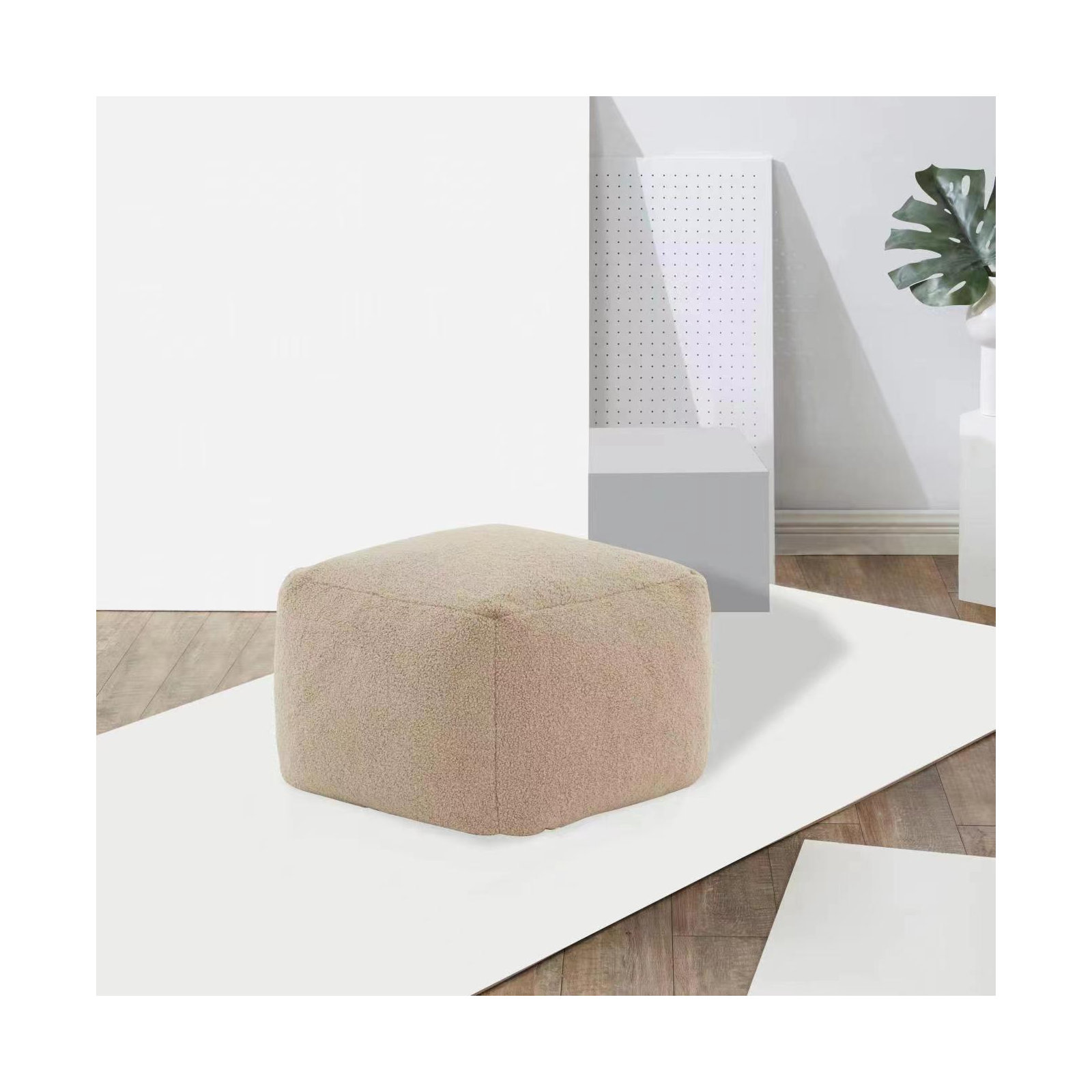 Inaki Upholstered Pouf, Light Brown Faux Lams Wool