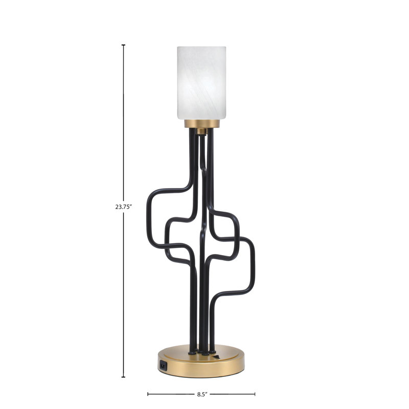 Lampe d'appoint Amarmula, avec ports USB, finition noir mat et laiton vieilli, verre marbré blanc 4 po, Doré, Blanc
