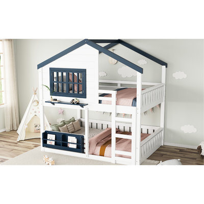 Full Size Bed With House - Style Design, White & Blue, Rails Around Bed, For Easy Climbing, Bookshelf Convenient Storage, Space Saving Design