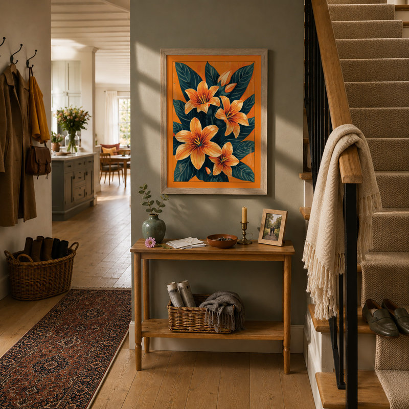 Orange Lilies On Navy Botanical - Print, Oak, A4 - 29.7 x 21.0 cm