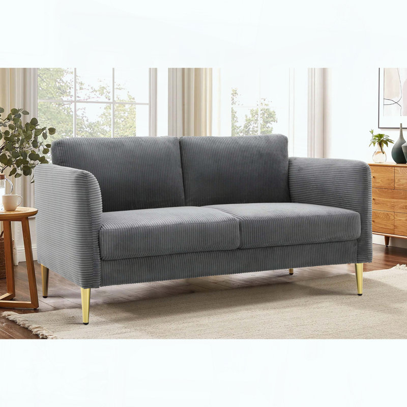 Causeuse compacte Mid-Century avec coussins en velours côtelé moelleux et structure en bois massif, Polyester gris