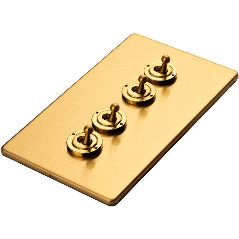 2 PACK 4 Gang Quad Retro Toggle Light Switch SCREWLESS POLISHED CHROME 10A 2 Way, Brass, Gold