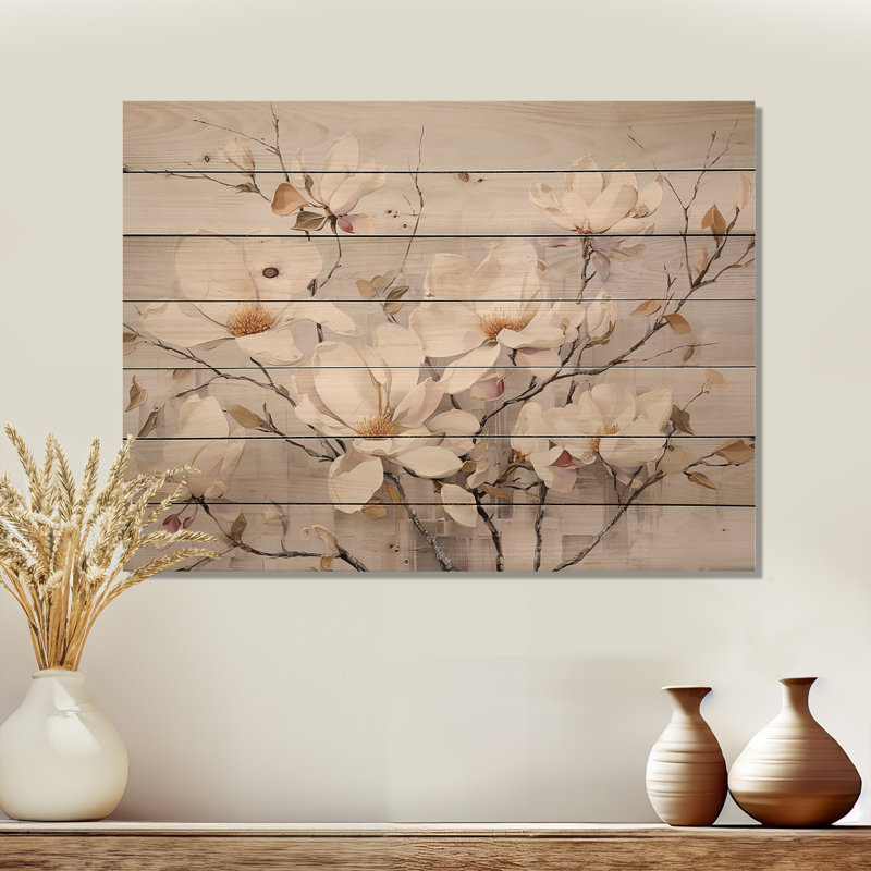 White Elegance In Magnolias - Magnolias Wood Wall Art On Natural Pine Wood, 30" H x 40" W