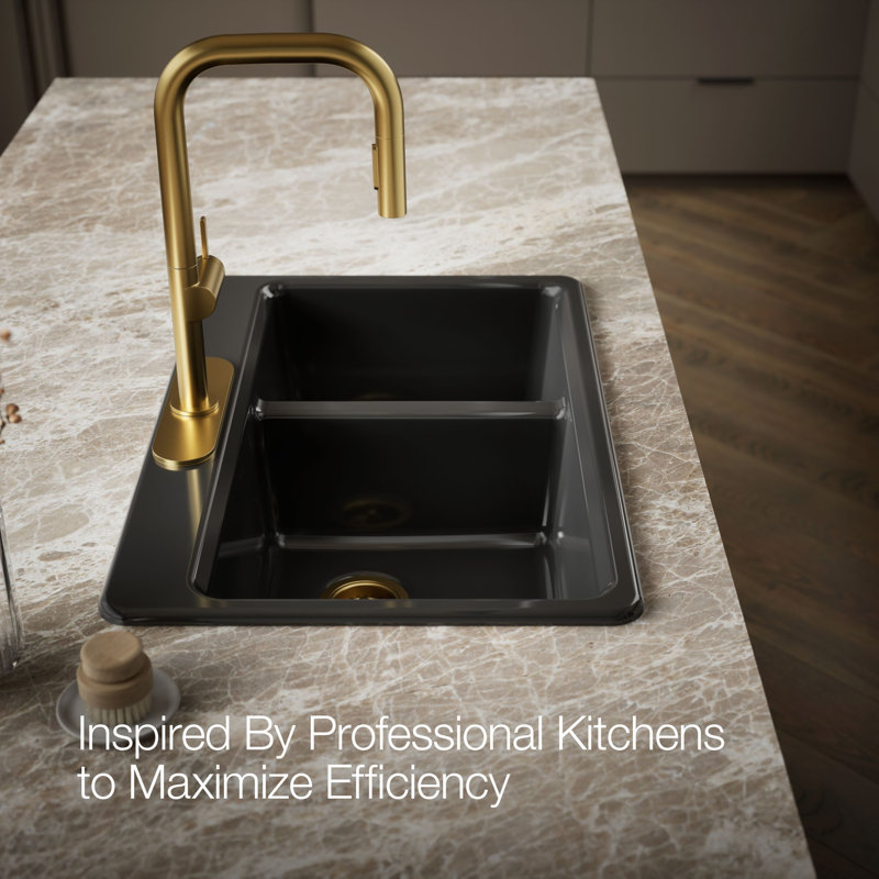 Riverby 33 In. Top-Mount Double-Bowl Kitchen Sink, 3 hole, Black, Large/medium bowls
