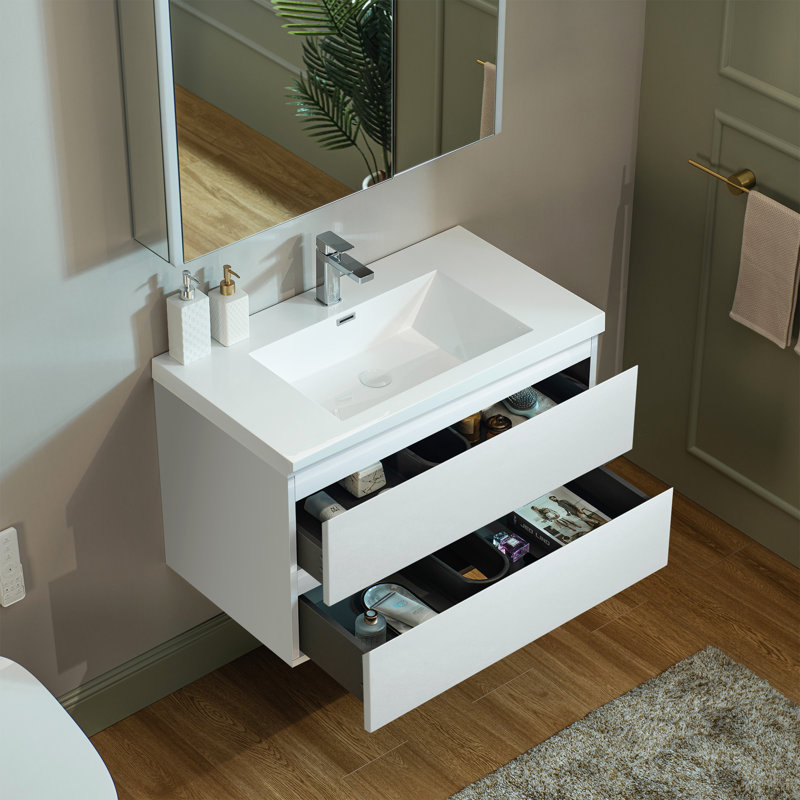 Meuble-lavabo flottant mural 36 po avec comptoir en résine composite, Blanc, Blanc, 36"