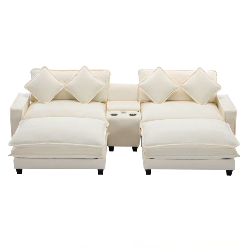 Upholstered Sofa with Two Removable Ottoman, Beige