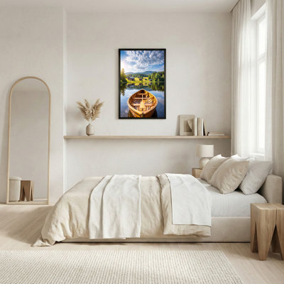 Toile en bois sur le lac avec montagnes et cabanes, art mural