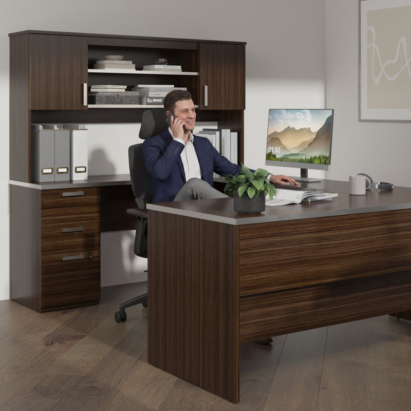 65-inch U Shaped Desk with Hutch, File Cabinet, and Bookcase in Dark Chocolate, Dark Chocolate