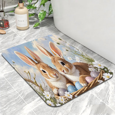 Tapis de bain 24 po x 36 po antidérapant, paire de lapins avec œufs de Pâques, chambre d'enfant et salle de bain