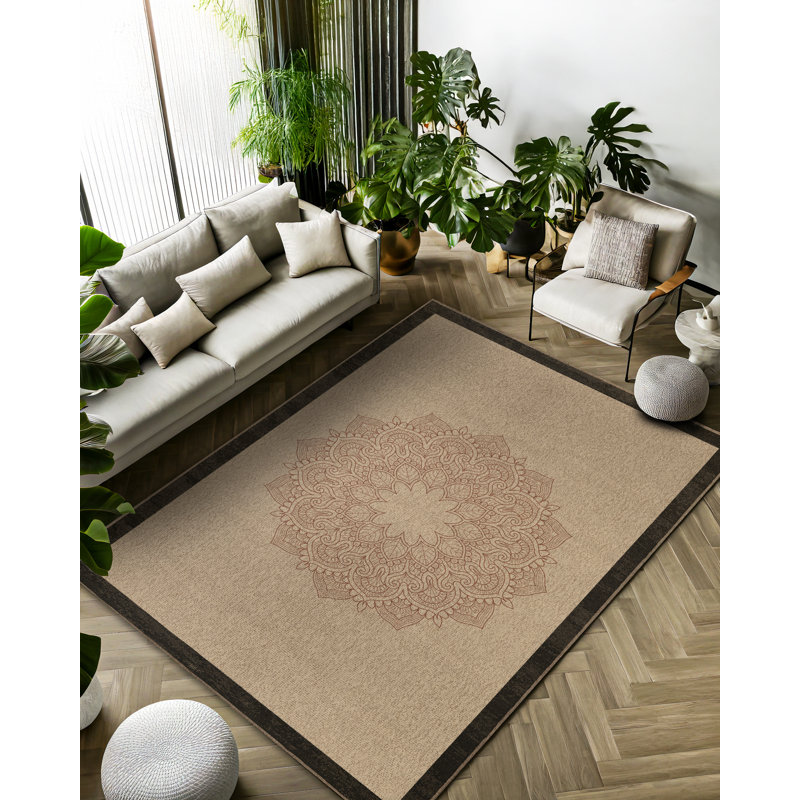 Mandala Collection Digital Print Cotton-Polyester Geometric Beige Rug, Round 2'8"