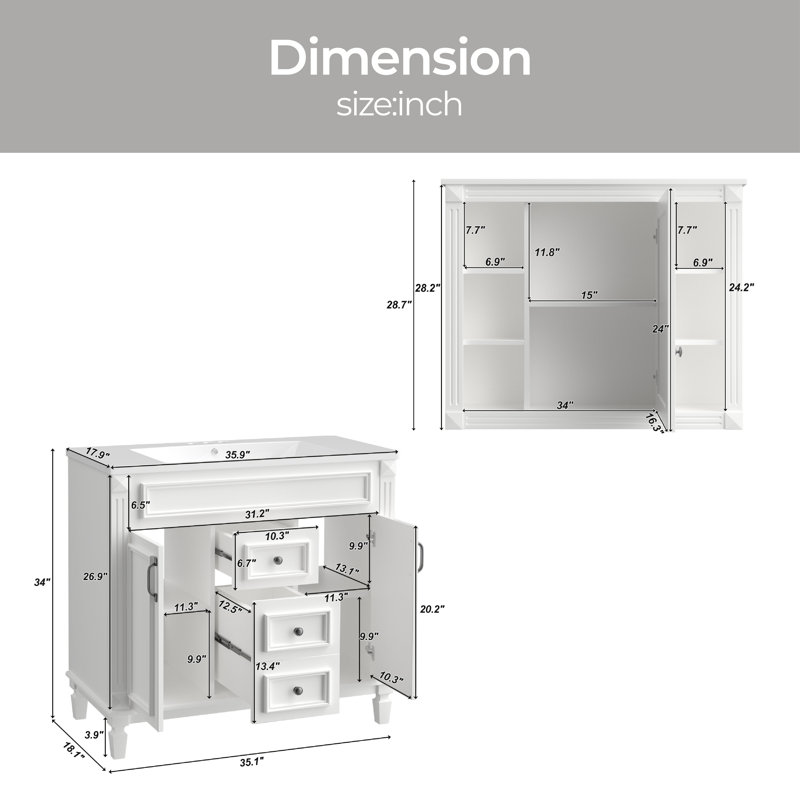 Deandray 35.9'' Single Bathroom Vanity with Resin Top with Mirror, White