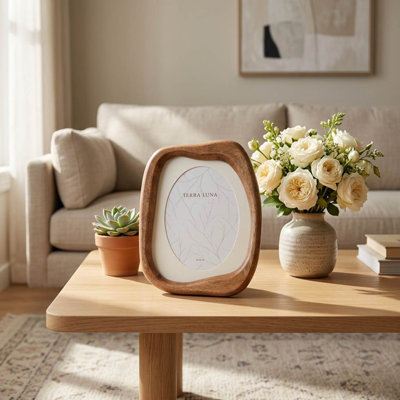 Cadre photo décoratif abstrait en bois de manguier pour entrée - Accessoire photo contemporain pour console - 25 cm, brun et beige