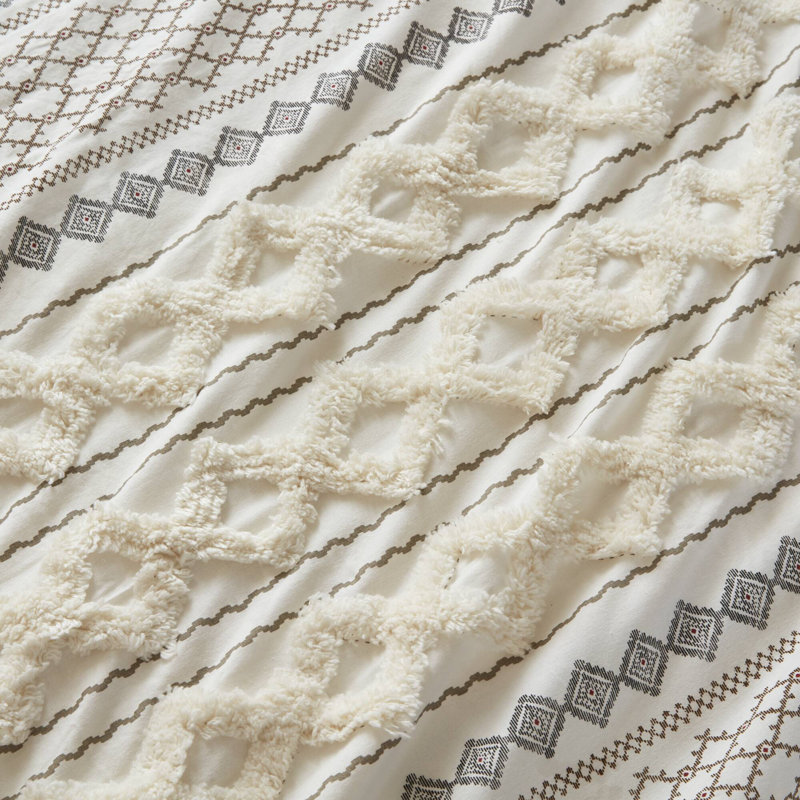 Imani 100% Cotton Printed Boho Single Curtain Panel with Tufted Chenille Stripe and Lining, Ivory, 50" W x 84" L