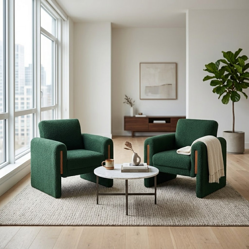 35" Wide Modern Bouclé Upholstered Armchair With Track Arms And Enclosed Base(Set Of 2), Green